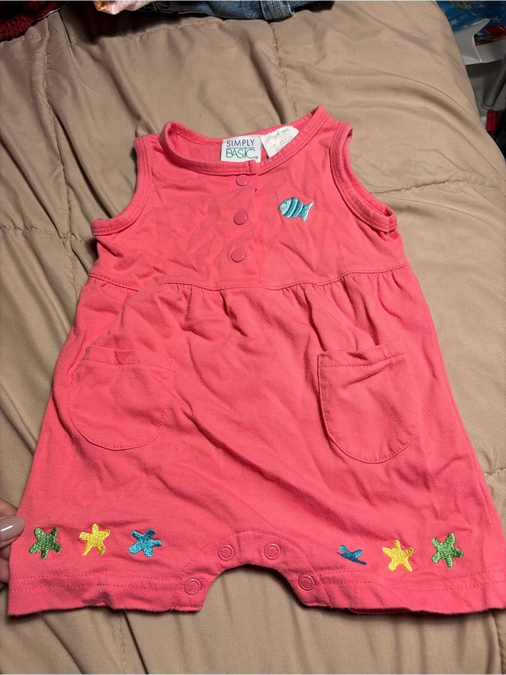 Simply Basic Coral Sleeveless Baby Romper with Sea Embroidered Accents